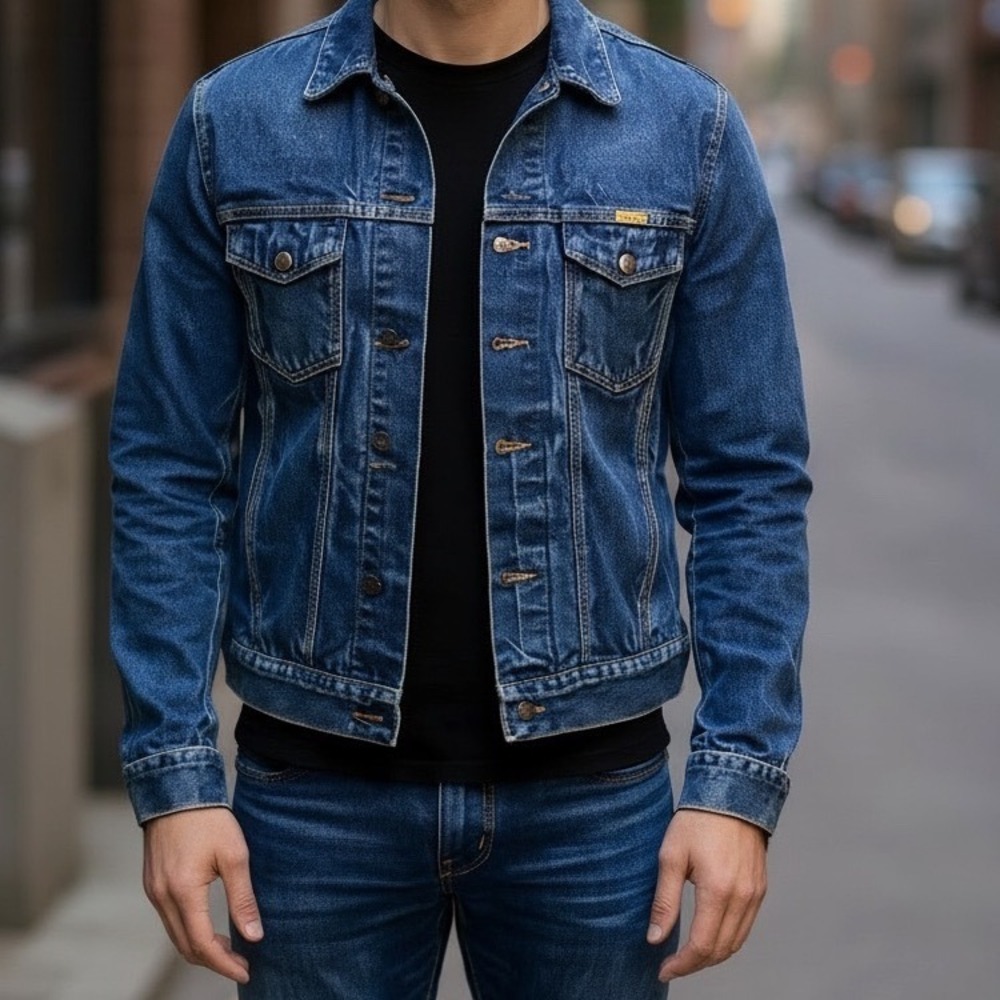 Vintage Rustler Denim Trucker Jacket Mens Large Blue Dark Wash Button Up USA 70s